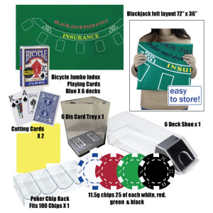 Ultimate Blackjack Kit with Poker Chips, Felt Layout, 6 Deck Blackjack Shoe, 6 Decks of Real Casino Bee Playing Cards and Much More.